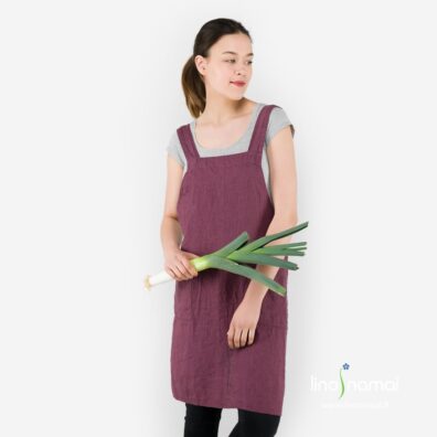 Lininė prijuostė tamsiai raudona, iš minkšto skalbto lino audinio
