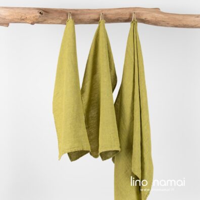 Lininis geltonai žalias rankšluostis voniai, saunai, SPA