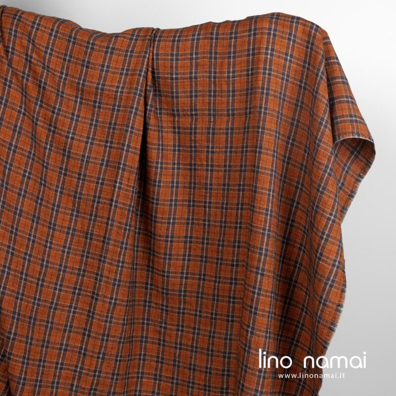 Lino-vilnos audinys oranžinis languotas skalbtas