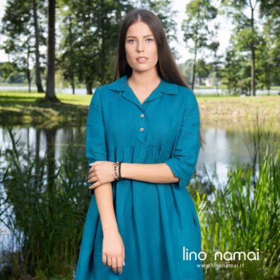 Lininė turkio spalvos suknelė 3/4 rankovėmis