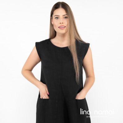ELLE lininė juoda suknelė su trikampiu įduru priekyje
