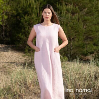 ELLE lininė rožinė suknelė apvalia iškirpte