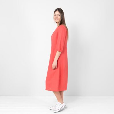OSAKA raudona lininė suknelė vidutinio ilgio