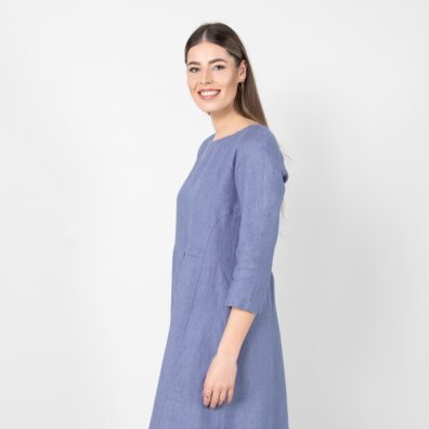 DELFINA lininė mėlyna suknelė su 3/4 rankovėmis